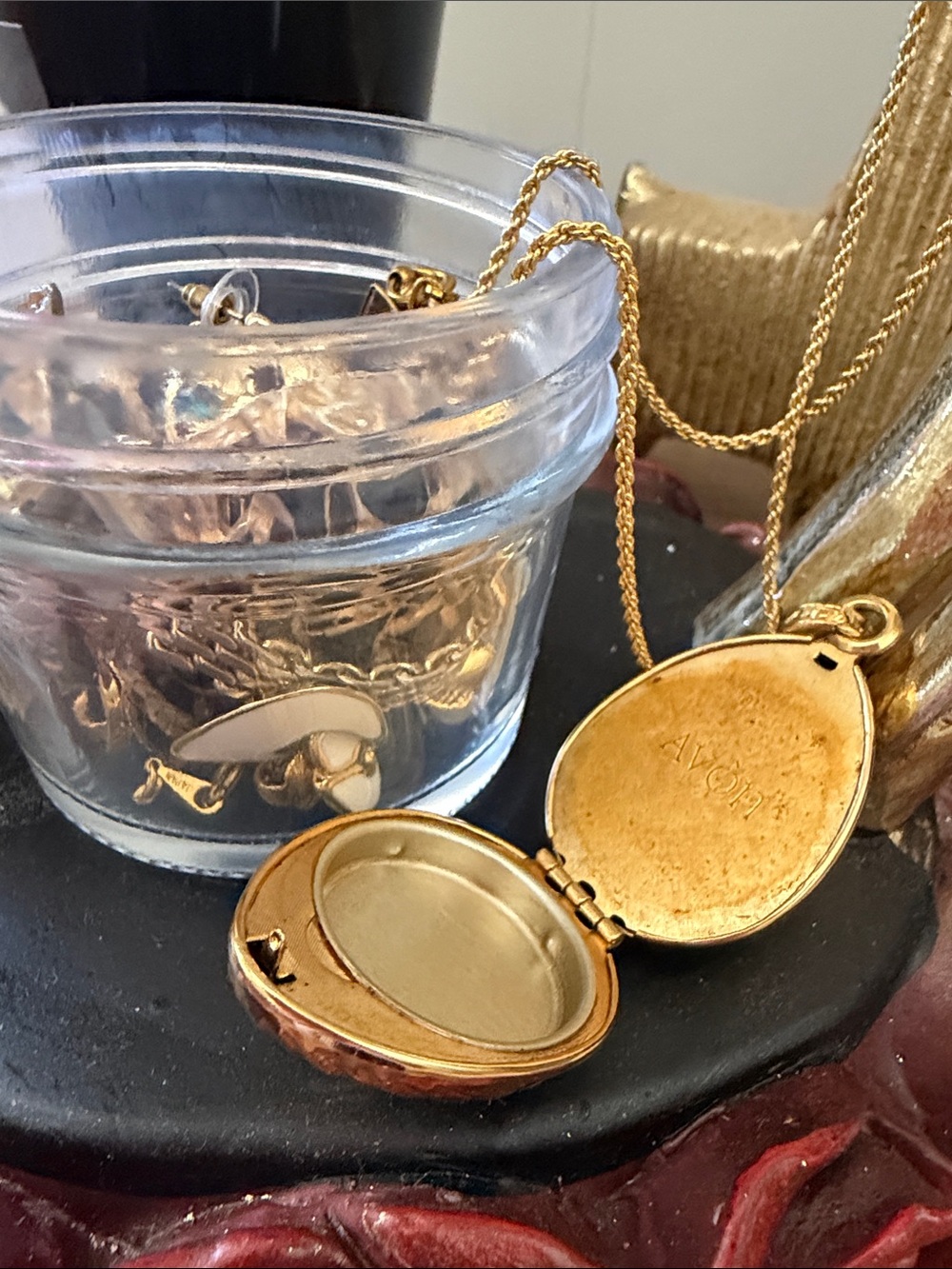 Avon Gold-Tone Oval Locket Pendant Necklace - +small mystery Jewelry jar